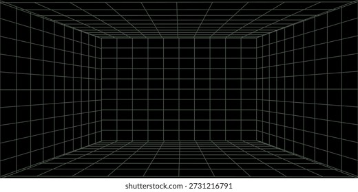 Habitación verde de marco de alambre 3D futurista vacía. Cuadrícula de perspectiva de Vector. Fondo del ciberespacio. Caja con espacio digital en realidad virtual.