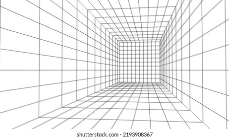 Empty futuristic 3D wireframe white room. Vector perspective grid. Cyberspace background. Box with digital space in virtual reality.