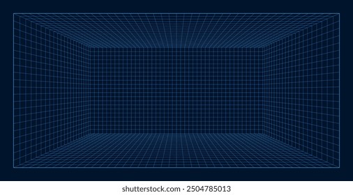 Espacio de caja digital futurista vacío. Plantilla de rejilla de alambre en perspectiva