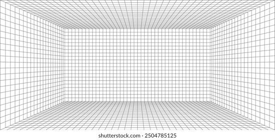 Empty futuristic digital box room. Wireframe grid template in perspective