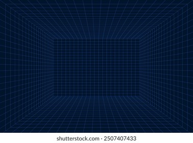 Empty futuristic digital box room. Wireframe grid template in perspective