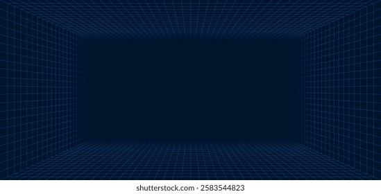 Empty futuristic digital box room. Wireframe grid template in perspective