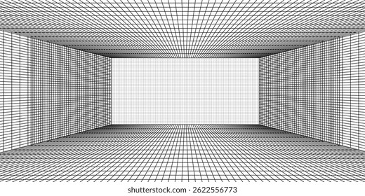 Fondo blanco futurista vacío de la habitación de la caja digital con la superficie negra del color de la línea del espacio de la cuadrícula. Tecnología cibernética de red. Anuncio, cubierta, terreno, ciencia ficción, wireframe y relacionados con el fondo.