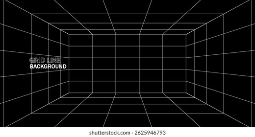 Leerer futuristischer digitaler Raum mit grauschwarzem Hintergrund und weißer Gitterraum-Linien-Farbfläche. Netzwerk-Cyber-Technologie. Banner, Cover, Gelände, Science-Fiction, Drahtmodell und verwandt mit Hintergrund.