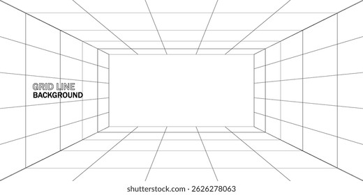 Empty futuristic digital box room grey-black background with white grid space line color surface. Network cyber technology. banner, cover, terrain, sci-fi, wireframe, and related to background.