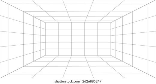 Fondo blanco futurista vacío de la habitación de la caja digital con la superficie negra del color de la línea del espacio de la cuadrícula. Tecnología cibernética de red. Anuncio, cubierta, terreno, ciencia ficción, wireframe y relacionados con el fondo.