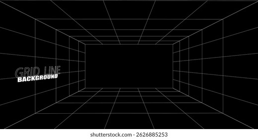 Empty futuristic digital box room grey-black background with white grid space line color surface. Network cyber technology. banner, cover, terrain, sci-fi, wireframe, and related to background.