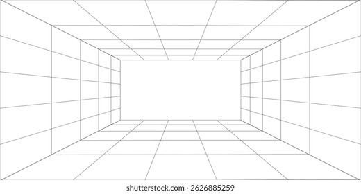 Empty futuristic digital box room white background with black grid space line color surface. Network cyber technology. banner, cover, terrain, sci-fi, wireframe, and related to background.