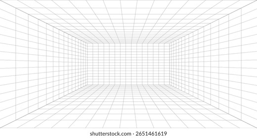 Empty futuristic digital box room white background with black grid space line color surface. Network cyber technology. banner, cover, terrain, sci-fi, wireframe, and related to background.