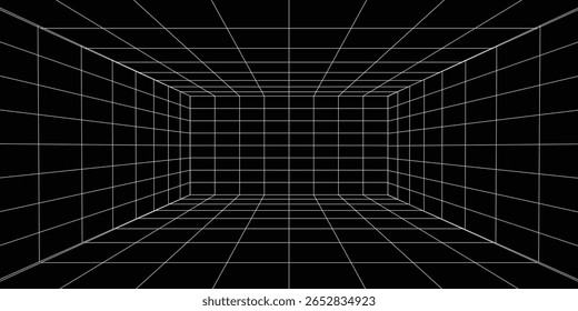 Empty futuristic digital box room grey-black background with white grid space line color surface. Network cyber technology. banner, cover, terrain, sci-fi, wireframe, and related to background.