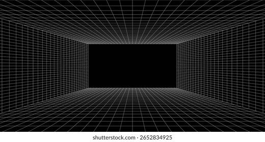 Empty futuristic digital box room grey-black background with white grid space line color surface. Network cyber technology. banner, cover, terrain, sci-fi, wireframe, and related to background.