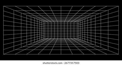 Leerer futuristischer digitaler Raum mit grauschwarzem Hintergrund und weißer Gitterraum-Linien-Farbfläche. Netzwerk-Cyber-Technologie. Banner, Cover, Gelände, Science-Fiction, Drahtmodell und verwandt mit Hintergrund.