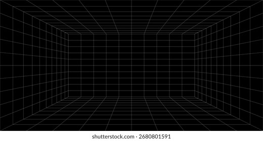 Espacio digital futurista vacío de la caja de fondo gris-negro con la superficie blanca del color de la línea del espacio de la cuadrícula. Tecnología cibernética de red. Anuncio, cubierta, terreno, ciencia ficción, wireframe y relacionados con el fondo.