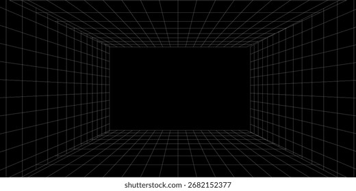 Espacio digital futurista vacío de la caja de fondo gris-negro con la superficie blanca del color de la línea del espacio de la cuadrícula. Tecnología cibernética de red. Anuncio, cubierta, terreno, ciencia ficción, wireframe y relacionados con el fondo.