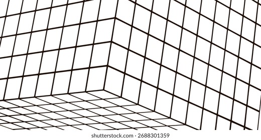 Empty futuristic digital box room white background with black grid space line color surface. Network cyber technology. banner, cover, terrain, sci-fi, wireframe, and related to background. Eps10	