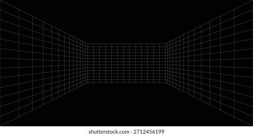 Leerer futuristischer digitaler Raum mit grauschwarzem Hintergrund und weißer Gitterraum-Linien-Farbfläche. Netzwerk-Cyber-Technologie. Banner, Cover, Gelände, Science-Fiction, Drahtmodell und verwandt mit Hintergrund.