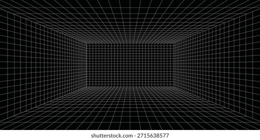 Espacio digital futurista vacío de la caja de fondo gris-negro con la superficie blanca del color de la línea del espacio de la cuadrícula. Tecnología cibernética de red. Anuncio, cubierta, terreno, ciencia ficción, wireframe y relacionados con el fondo.