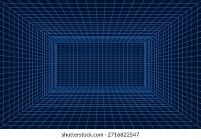 Empty futuristic digital box room. Wireframe grid template in perspective