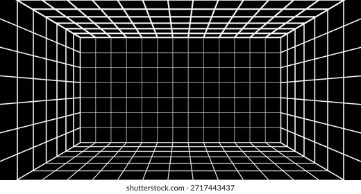 Espacio digital futurista vacío de la caja de fondo gris-negro con la superficie blanca del color de la línea del espacio de la cuadrícula. Tecnología cibernética de red. Anuncio, cubierta, terreno, ciencia ficción, wireframe y relacionados con el fondo.