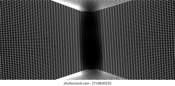 Leerer futuristischer digitaler Raum mit grauschwarzem Hintergrund und weißer Gitterraum-Linien-Farbfläche. Netzwerk-Cyber-Technologie. Banner, Cover, Gelände, Science-Fiction, Drahtmodell und verwandt mit Hintergrund.