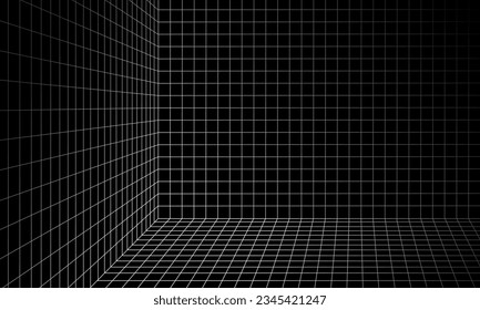 Empty futuristic digital empty room background with white grid lines. Cyber technology, sci-fi, cover, wireframe, space, quantum. Vector illustration.