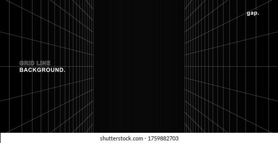 Empty futuristic digital vertical gap grey-black background with white grid space line color surface. Network cyber technology. banner, cover, terrain, sci-fi, wireframe, and related to background.