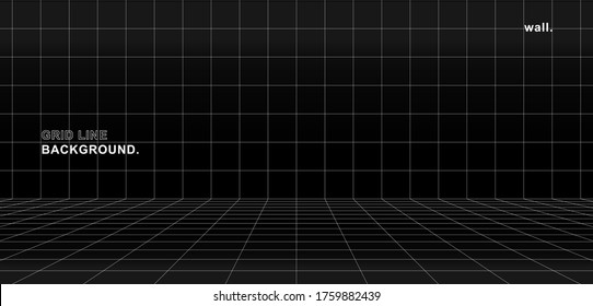 Empty futuristic digital wall box grey-black background with white grid space line color surface. Network cyber technology. banner, cover, terrain, sci-fi, wireframe, and related to background.