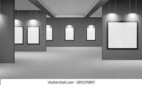 Empty gallery with blank picture frames illuminated by spotlights. Vector realistic interior of museum or studio room with white posters in black frames and lamps. Template for artwork exhibition