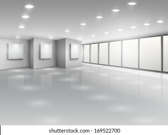 Empty Gallery Interior With Light Windows Vector Illustration