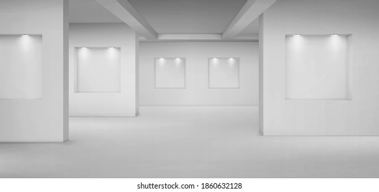 Empty gallery with empty niches with spotlights. Vector realistic interior of museum or studio room with shelves illuminated by lamps. Template for artwork exhibition