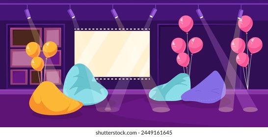 Empty gallery room with colorful bean bags and balloons, vector illustration, on a purple background, concept of a festive event space. Vector illustration