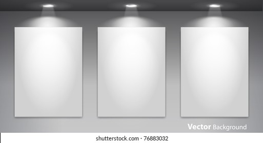 Empty gallery wall with lights for images and advertisement. Fully editable eps10