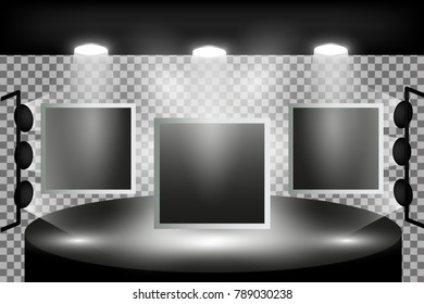 Empty gallery wall with lights for images and advertisement on the transparent background round stage with lighting and three photo frames