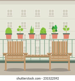 Empty Garden Chairs At Balcony Vector Illustration