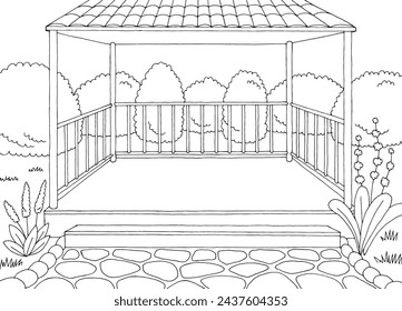 Empty gazebo garden modern graphic black white architect landscape sketch illustration vector