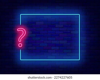 Empty geometric frame with question mark. Quiz neon template. Competition and exam concept. Trivia night design. Shiny banner. Space for text. Luminous poster. Vector stock illustration