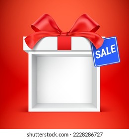 Empty gift box kiosk for product placement, with blue sale tag. White present box on the red background, with clear space for gift placement. Promo giftbox display stand, vector illustration.