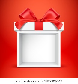 Empty gift box kiosk. Vector illustration of white present box on the red background, with clear space for product placement. Gift box creative display stand, with red satin ribbon and bow.