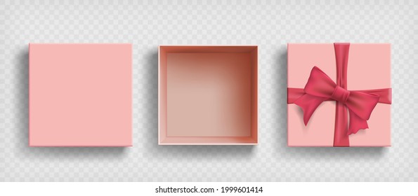 Empty gift box with pink bow and ribbon. Template isolated on transparent background. Vector mockup