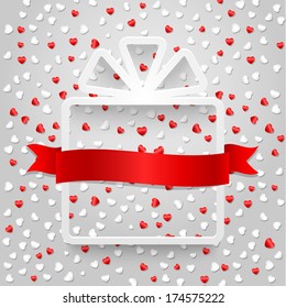 Empty gift box with ribbon and confetti in shape of hearts. Vector illustration.
