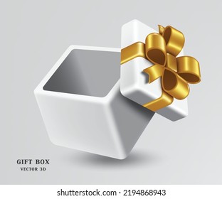 Caja de regalo vacía atada con una cinta en un arco dorado abierto, vector 3d para diseñar promociones relacionadas con varias celebraciones como Año Nuevo, cumpleaños y Navidad, vector estilo mínimo