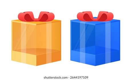 Empty gift box yellow, blue with red bow. Festive packaging with transparent glass and ribbon.