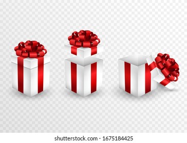 Empty Gift boxes, closed, half open and open. Concept greeting Happy birthday, Christmas, New Year, Wedding or Valentine Day