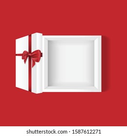 Empty gift white box with red color  bow knot, ribbon isolated on red background. Happy birthday decoration, Christmas, New year, Wedding, Valentine day package concept. vector illustration, top view