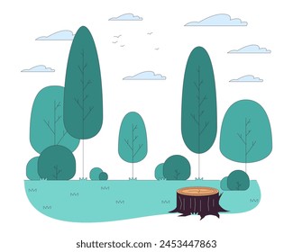 Empty glade with tree stump in wood line cartoon flat illustration. Travelling to summer forest 2D lineart objects isolated on white background. Picturesque landscape scene vector color image