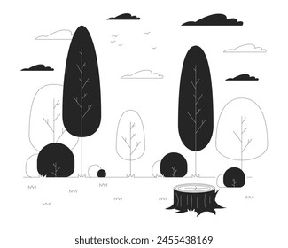 Empty glade with tree stump in wood black and white line illustration. Travelling to summer forest 2D lineart objects isolated. Picturesque landscape monochrome scene vector outline image