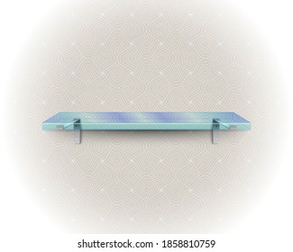 Empty glass 3d shelf on a wall clad in art deco style wallpaper pattern in white and grey. Zenart ornament of lines on wall. Vector illustration