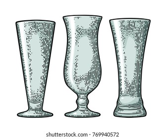 Empty glass beer and cocktail. Vector black vintage engraving isolated on white background. Hand drawn illustration.