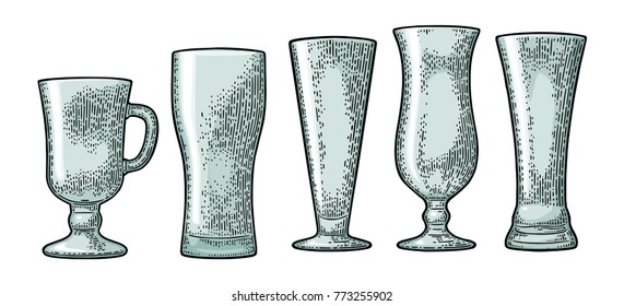 Empty glass beer and cocktail. Vector black vintage engraving isolated on white background. Hand drawn illustration.