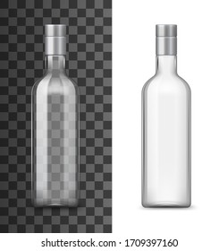 Empty Glass Bottle Of Alcohol Drink With Silver Lid 3d Vector Design. Clear Container Realistic Mockup Of Vodka, Liquor, Brandy, Gin And Whiskey Distilled Beverages On White And Transparent Background